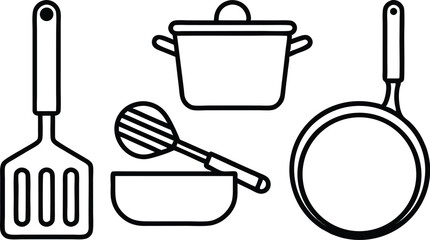 A set of kitchen utensils, including a spoon, pot, cup, fork, pan, and knife, perfect for cooking food in a restaurant