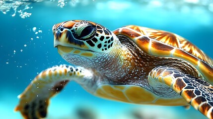 Fototapeta premium Close-Up of a Vibrant Sea Turtle gracefully Swimming in Clear Tropical Waters