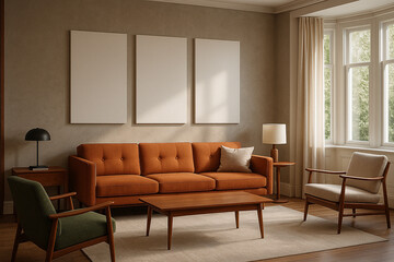 Mid Century Modern Living Room Orange Sofa Wooden Furniture Neutral Walls Three Blank Canvases Bay Window