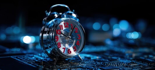 The Alarm Clock Resting on a Modern Circuit Board with Blue Lighting