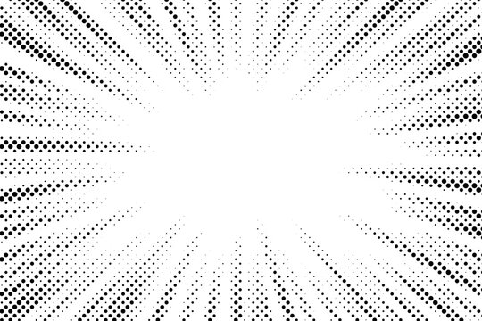 Edge frame. Halftone fade cartoon border. Pop art dot. Attention fading pattern. Faded attention texture. Black fades line isolated on white background. Concentration lines design. Vector illustration