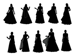 Indian Bride wedding couple silhouette vector template Bridal Wedding Dress Black