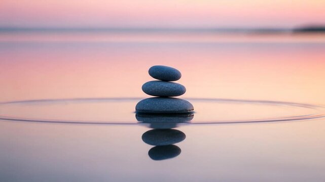 Zen Stone Stack Balanced on Water Surface with Soft Pink and Purple Gradient Background for Tranquility and Harmony