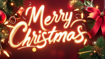 Festive merry christmas text with glowing lights and holiday decorations - Powered by Adobe