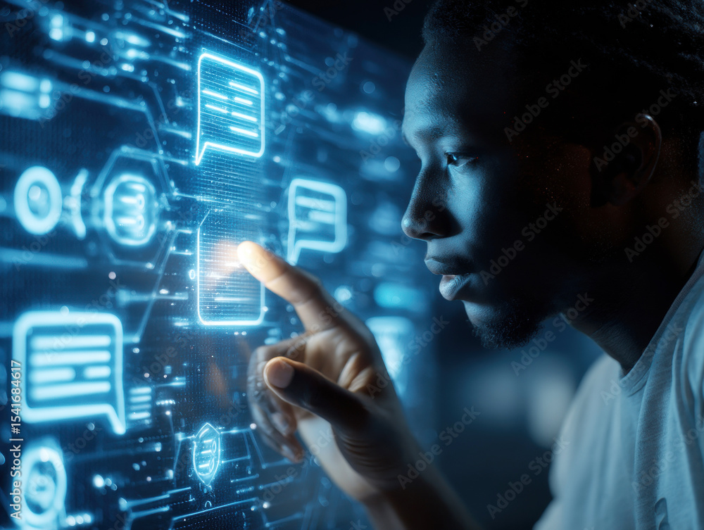Poster a person interacts with a holographic display in a dark environment