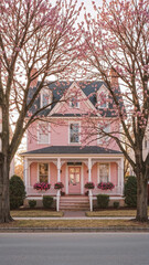 Fototapeta premium Picturesque pink victorian house with flowering cherry trees in full bloom during spring.