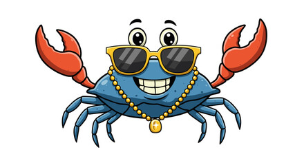 Cartoon crab character with sunglasses and jewelry isolated on white background for summer design