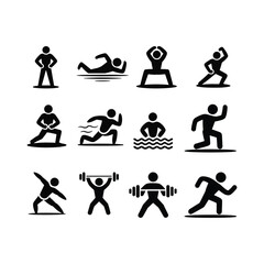 Fitness and Sports Activity Icon Set – Running, Swimming, Weightlifting, Stretching, Exercise Silhouettes.