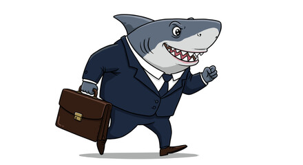 Cartoon Shark Businessman Running with Briefcase Isolated on White Background Represents Aggressive Business Practice