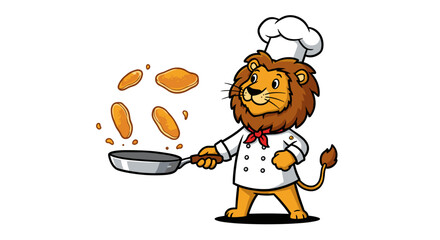 Cartoon Lion Chef Frying Pancakes Isolated on White Background: Cooking Fun and Culinary