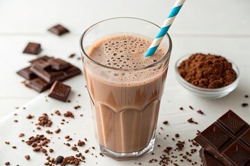 A delicious glass of chocolate milkshake with a striped straw, surrounded by chocolate pieces and cocoa powder