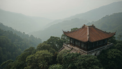 Fototapeta premium Pagoda temple nestled amidst lush green mountain forest landscape