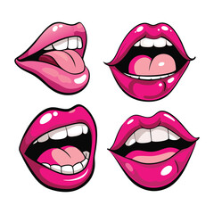 Cartoon Pink Lips Emoji Set – Kiss, Tongue, Smile Expressions Clipart

