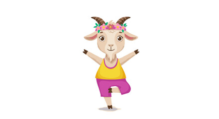 Cartoon Goat Character in Yoga Pose Isolated on White Background for Children's Illustration and Education