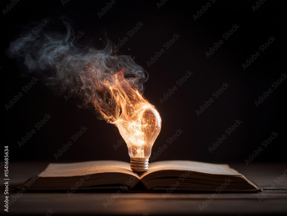 Poster bright idea unleashed with glowing light bulb rising from open book