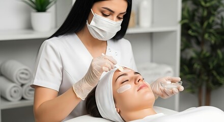 Woman cosmetologist applying facial mask to female client for beauty, skin care, and spa treatment concept