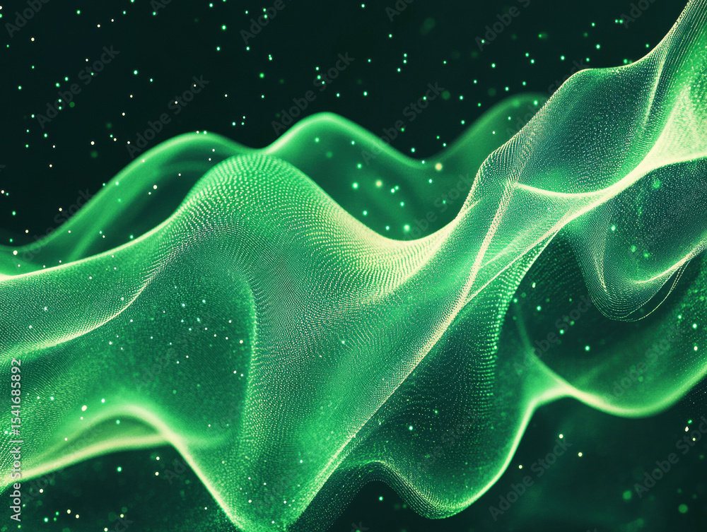 Poster visual representation of green waves flowing through a dark space