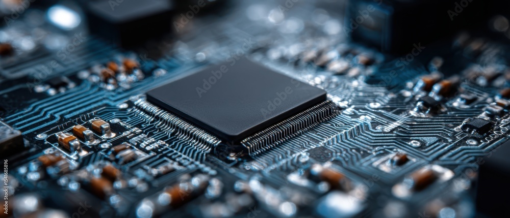 Poster the close-up view of a microchip on a complex electronic circuit board.