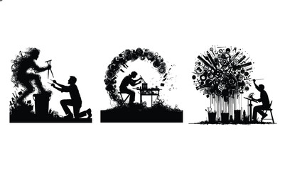 Creative process silhouettes artists at work isolated on white background