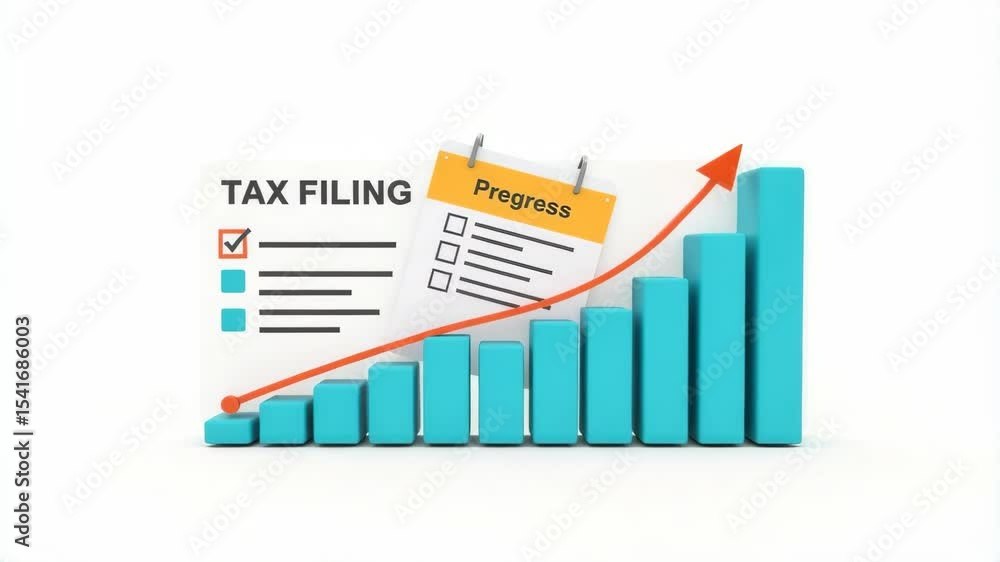 Poster a 3d illustration showing tax filing progress with a checklist and an upward bar graph indicating po