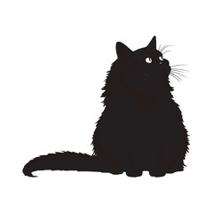 Cute Furry Black Cat Sitting Pose with Detailed Yellow Eyes Vector Design

