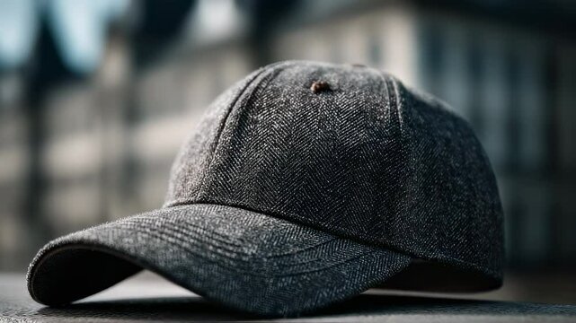 Close-up view of a classic baseball cap with a herringbone pattern on a blurry background