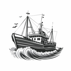 Fishing trawler on waves design vector image isolated on white background.