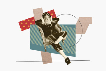 Contemporary artwork collage of serious old pensioner man duke sit throne historic era royal king...