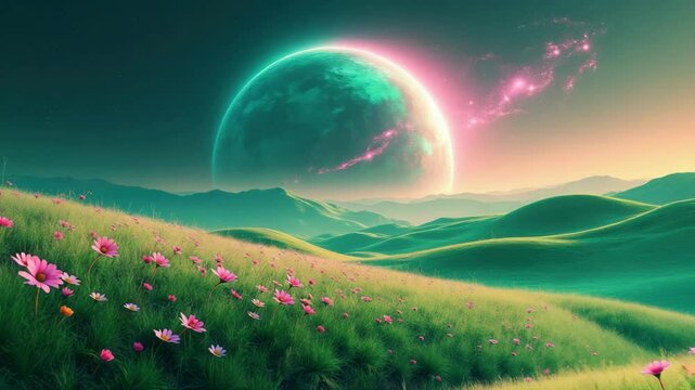 Surreal landscape with flowers and a large planet in the sky.
