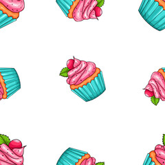 Cupcake topped with pink buttercream and topped with red raspberries or cherries. Seamless pattern. Vector illustration of sweets, white background