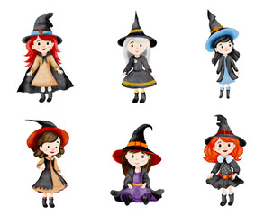 Cute cartoon witches. A watercolor character set for a Halloween party or magical party. Children's illustration