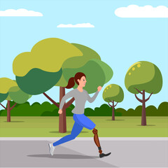 Cheerful girl with a prosthesis on one leg confidently running through a picturesque park. Vector illustration.