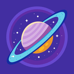 Colorful cartoon illustration of a ringed planet in a starry galaxy background