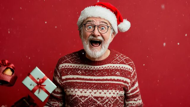 Joyful elderly man in santa hat celebrating christmas with floating gifts