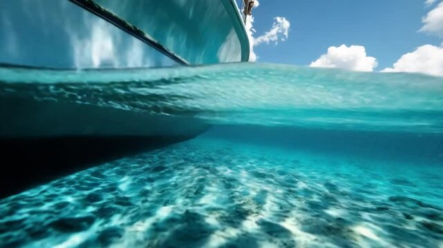 Underwater Boat View: Crystal-clear turquoise water reveals the sandy seabed below a boat's hull, creating a captivating split-level view of the ocean's surface and depths.