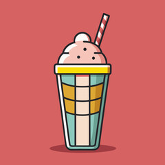 Cartoon illustration of a delightful strawberry milkshake in a colorful cup