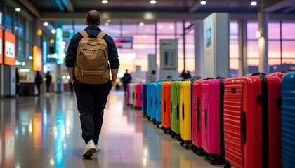 Man with Backpack Walking in Airport Terminal with Colorful Luggage Travel Departure