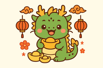 Cute cartoon green dragon holding gold ingots for lunar new year