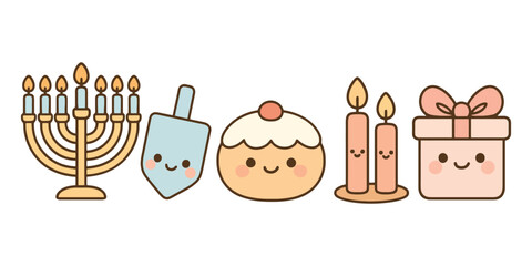 Cute hanukkah cartoon icons menorah dreidel sufganiyot gift