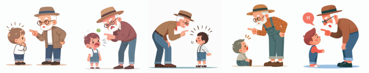 vector character grandfather scolding a little child