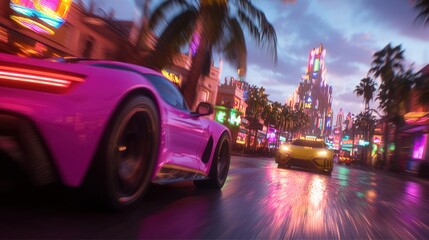 Fast cars race down wet city street at night, neon lights blur