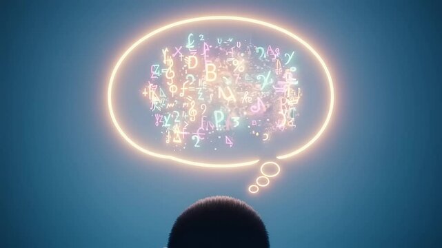 Person contemplating colorful symbols in thought bubble