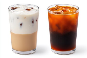 Two Iced Coffee Drinks Layered Coffee with Cream and Coffee Jelly, Dark Iced Coffee