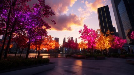 Fototapeta premium Colorful illuminated trees at sunset in urban park, city skyline background. Possible use advertising, design inspiration