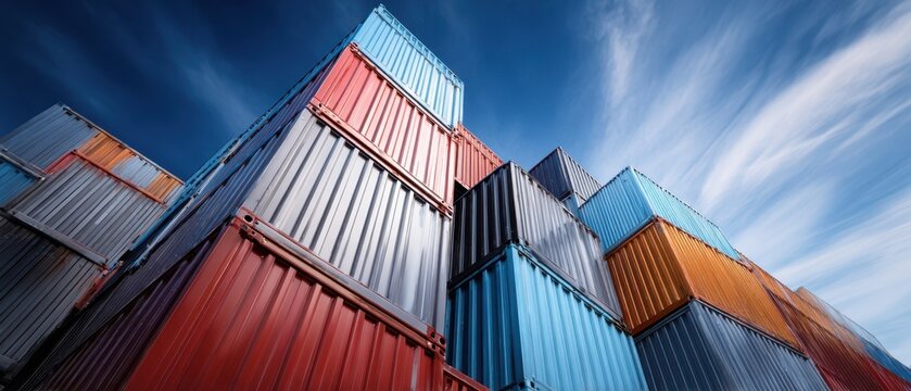 The colorful shipping containers stacked against a blue sky.