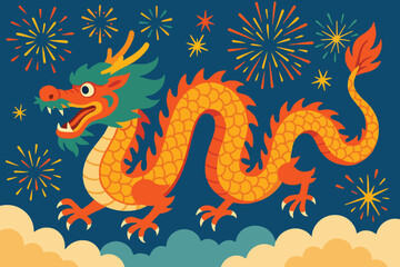 Chinese dragon with fireworks festive illustration