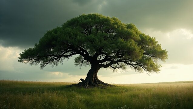 Majestic tree in serene atmosphere against dramatic sky, copy space
