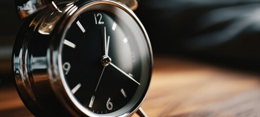 The elegant black alarm clock exuding sophistication on a wooden surface.