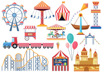 Amusement park vector entertainment icons elements isolated. Colorful cartoon flat ferris wheel, carousel, circus and castle isolated © lembergvector