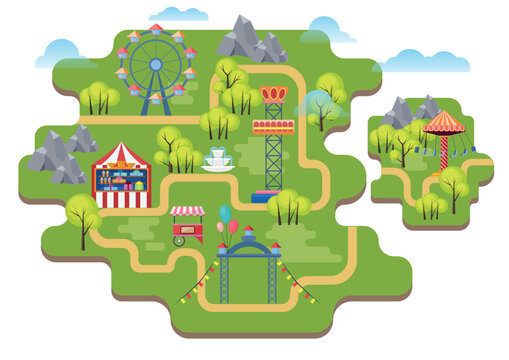 Cartoon vector amusement park map background isolated